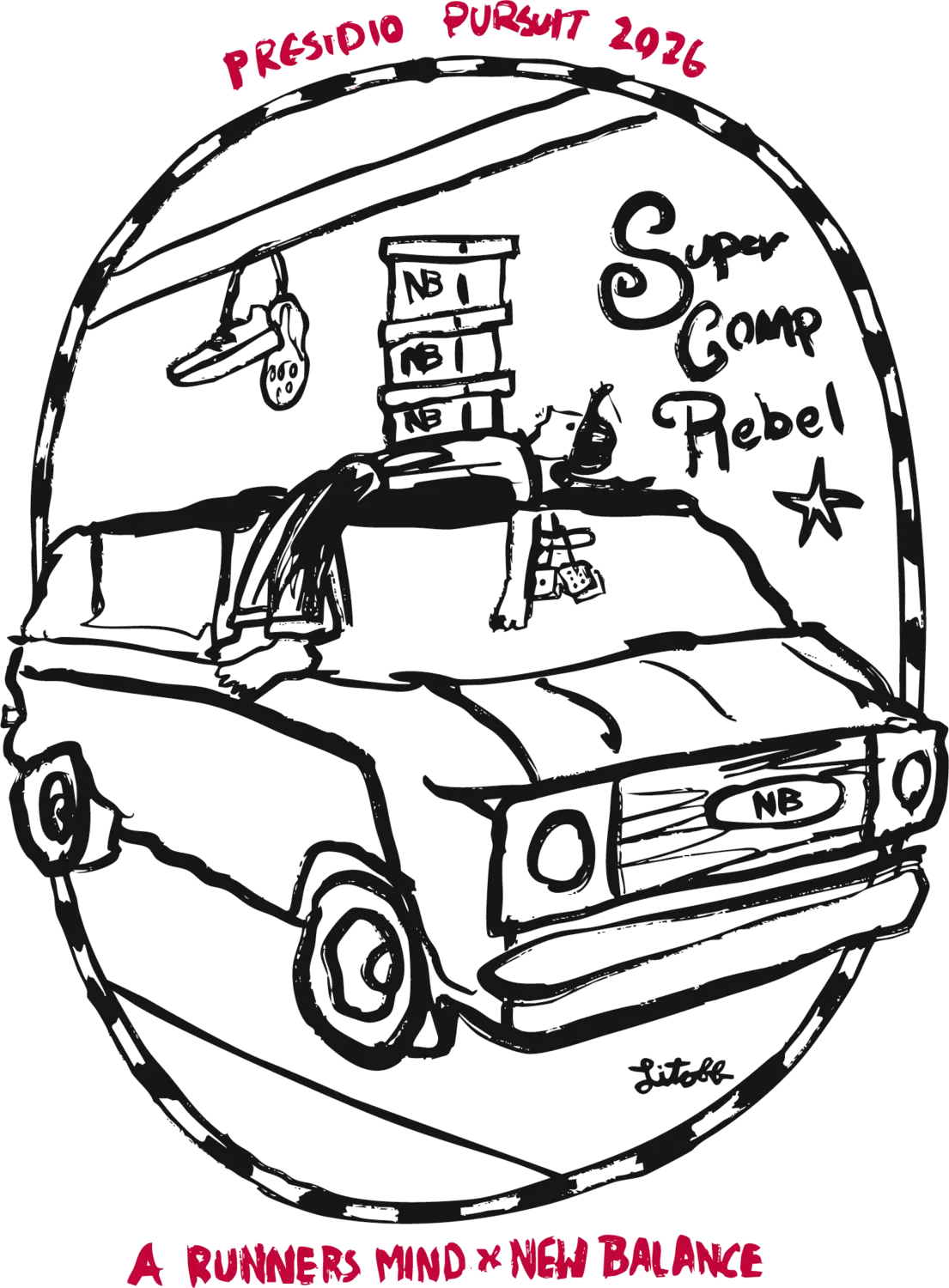 Back of the shirt: a van loaded with New Balance boxes, 'SuperComp Rebel', Presidio Pursuit 2026, A Runner's Mind × New Balance. Art by Litoff.